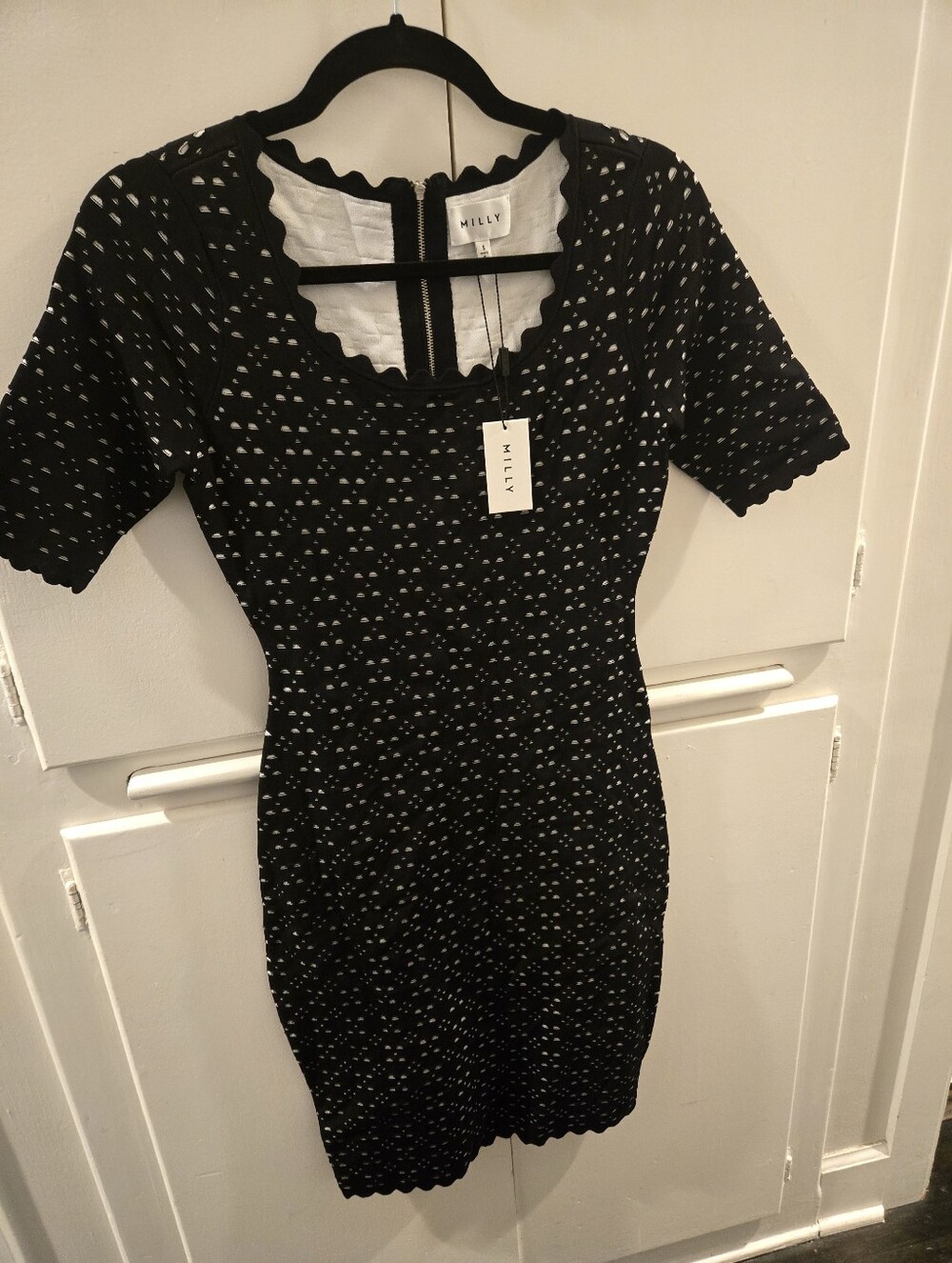 NWT Milly Black Eyelet Short Sleeve Sheath with Scalloped Neckline